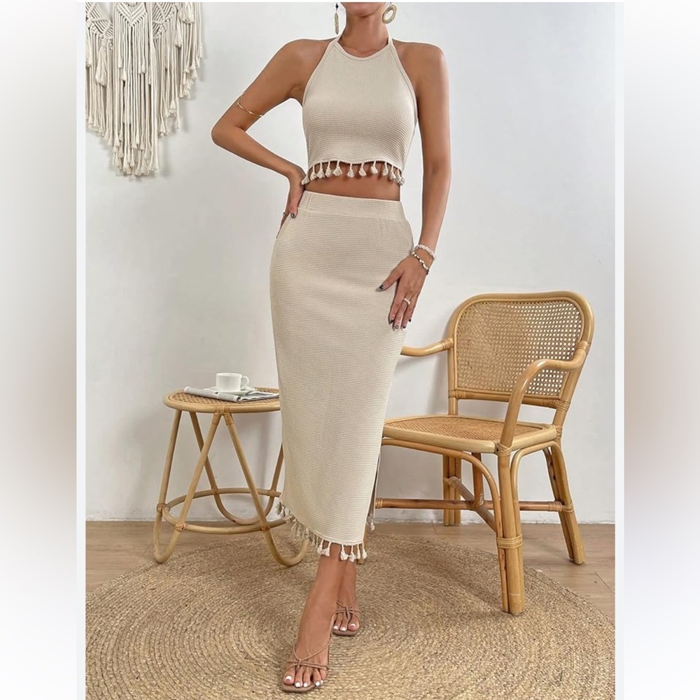 NWOT SHENHE Women's Tassel Trim Backless Halter Crop Top‎ & Slit Midi Skirt Boho